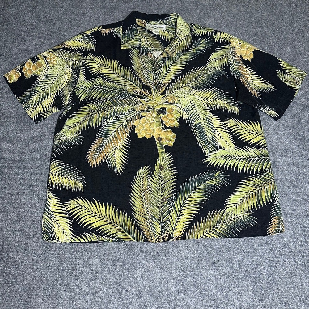 ommy Bahama 100% Silk Hawaiian Shirt Men's L Palm‎ Leaf Print Black Green